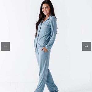 Bums & Roses Bamboo Collar Shirt & Pants Set Womens Large Smoke Blue Pajamas